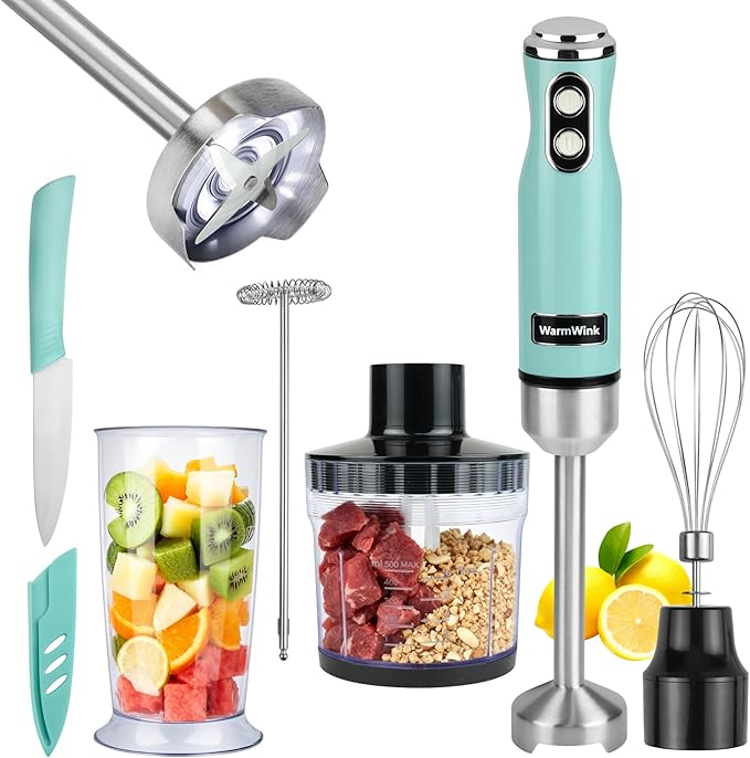 WarmWink Hand Blender, Powerful 4 in 1 600w Corded Immersion Blender Handheld with Stainless Steel Attachment, Small Food Processor & Stick for Kitchen, Emergen useful immersion blender
