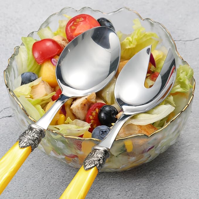 CATHYLIN 2-piece Salad Servers Stainless Steel Salad Serving Set Salad Fork and Spoon (Yellow)