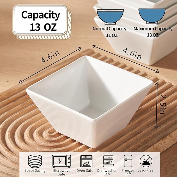 Meideal Small Porcelain Serving Bowl Set of 6, 4.6" Square Cereal Bowl