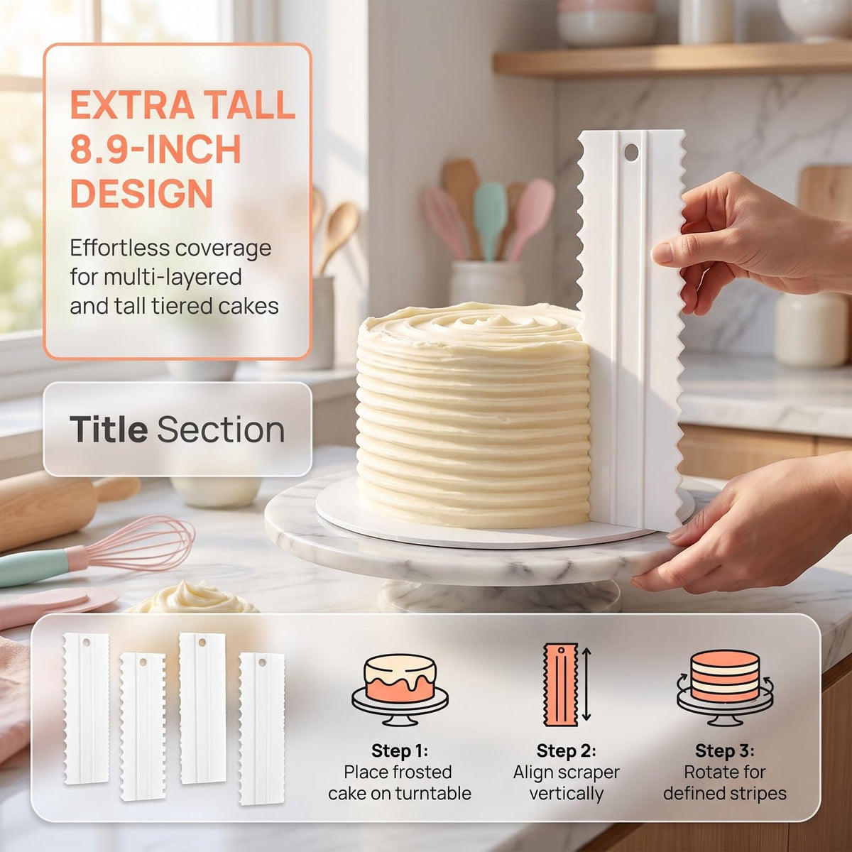 EKIND Cake Scraper Set Double Sided Icing Smoother Long Edge Buttercream Spatula Comb for Decorating Mousse Pastry Tools Baking Supplies(4 Pcs White)