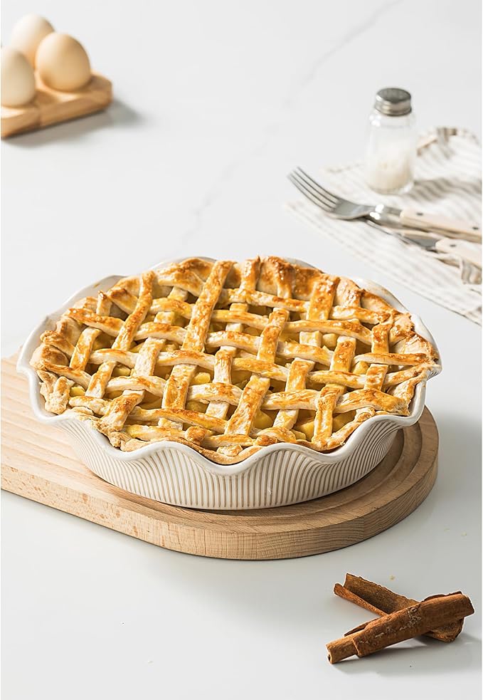 MIKIGEY Ceramic Deep Pie Pan for Baking, 11 inch Porcelain Pie Dish for Apple Pie, Oven & Dishwasher Safe, Farmhouse Decor, 48 Ounce Deep Plate for Kitchen, Non-Stick Pie Pans, Embossed Stripe