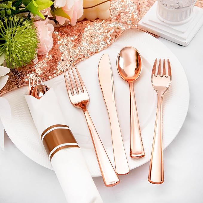 Liacere 100Pack Rose Gold Plastic Silverware - Pre Rolled Napkins with Rose Gold Cutlery - Wrapped Silverware Set Disposable100 Forks Knives Spoons Wrapped Utensils for Wedding ＆ Party