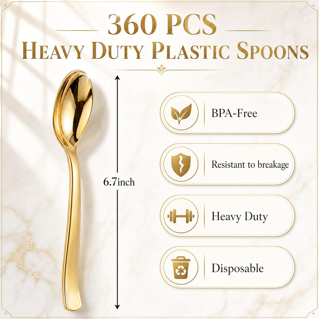 Liacere 360Pcs Plastic Spoons - 6.7 inch Heavy Duty Plastic Spoons-Heavyweight Gold Disposable Spoons-Gold Silverware for Halloween &Chrismas And Daily Using & New Year