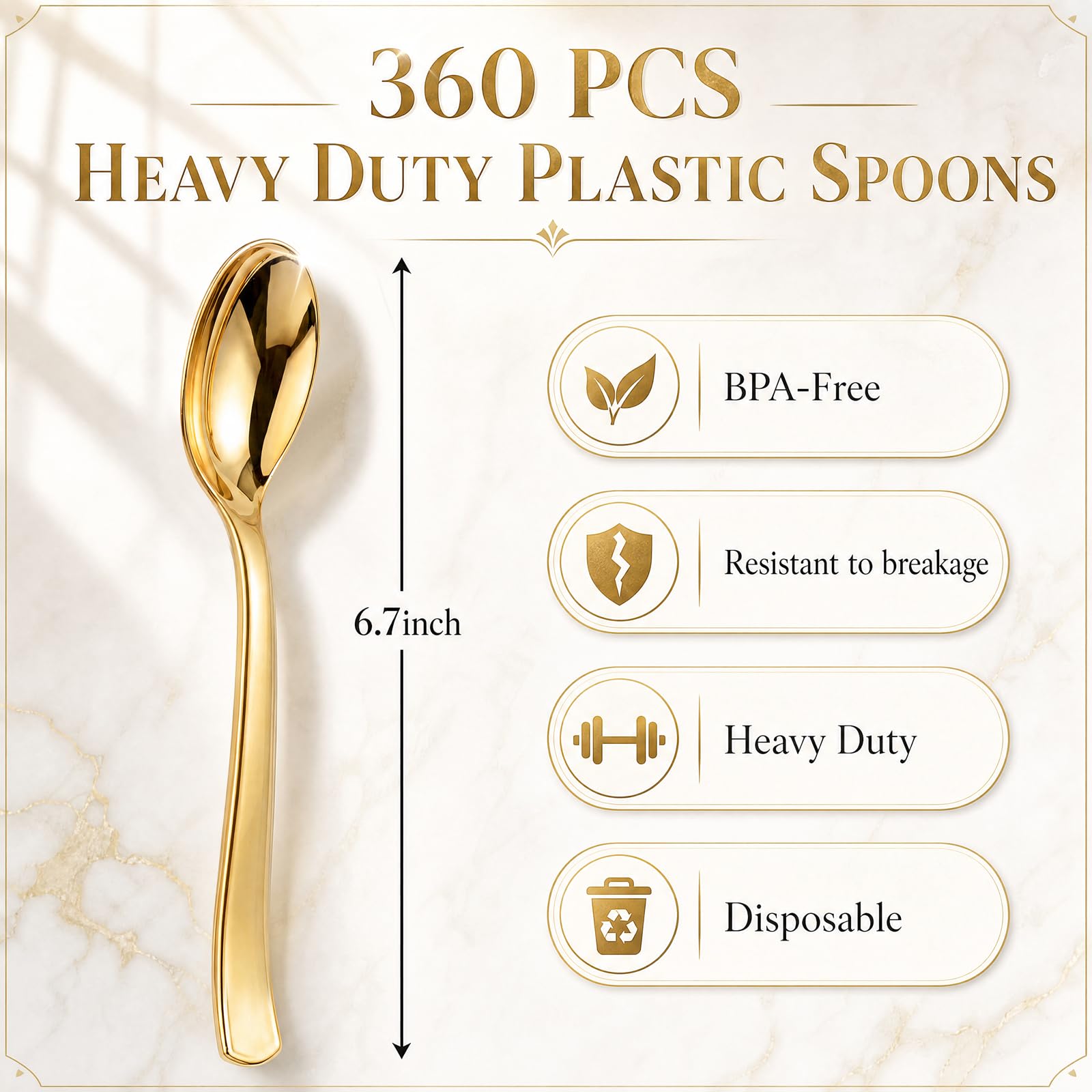 Liacere 360Pcs Plastic Spoons - 6.7 inch Heavy Duty Plastic Spoons-Heavyweight Gold Disposable Spoons-Gold Silverware for Halloween &Chrismas And Daily Using & New Year