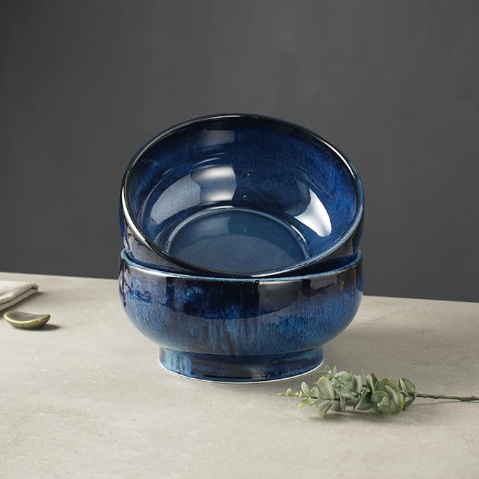 STE-CER Extra Large Salad Bowl,Decorative Fruit Bowl,Kitchen Ceramic Bowl for Fruit & Salad,120 oz Footed Serving Bowl for Entertaining (starry blue)