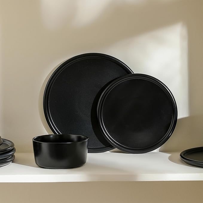 Stone Lain Eden Dinner Plate Set, 4-Piece Black Stoneware Plates - 10.75” Round Modern Tableware for Everyday Dining & Entertaining - Durable Dish Set, Microwave & Dishwasher Safe