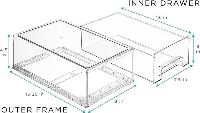 Sorbus Medium Clear Storage Drawers (2 Pack) – Stackable Organizer Drawers for Fridge, Pantry, Kitchen – Pull-Out Storage Bins with Handles, Slide Out Acrylic Drawers