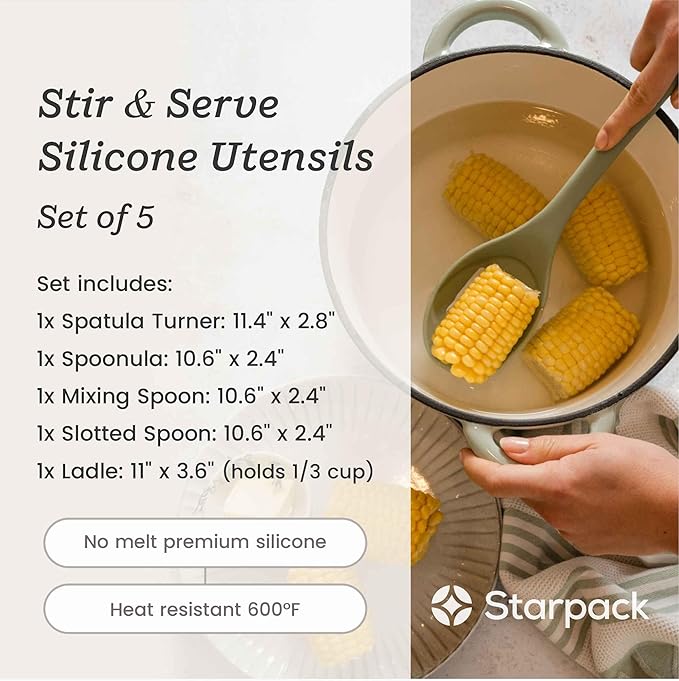 Starpack Stir and Serve Silicone Cooking Utensils Set (5-Piece, 11") - LFGB Non Toxic, 600°F Heat Resistant, BPA-Free - One-Piece Seamless, Dishwasher Safe - for Nonstick Cookware, Sage Green