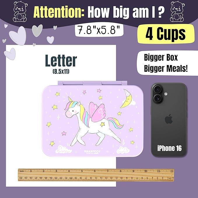 BEARFOOT Kids Lunch Box with Compartments – Compact & Lightweight | Leak-Proof, BPA-Free, Dishwasher Safe | Hand-Drawn Design for Preschool, School, Travel (Unicorn Purple, 4 Cups)