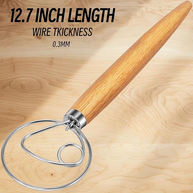 TEEVEA Danish Dough Whisk Wooden Handle Stainless Steel for Sourdough Bread
