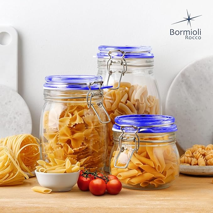 Bormioli Rocco Fido Glass Jar, Blue Lid - Food Storage Container with Airtight Seal - 17.5 oz Clamp Lock Canister for Dry Foods, Appetizers & Desserts - Italian Glass, Dishwasher Safe