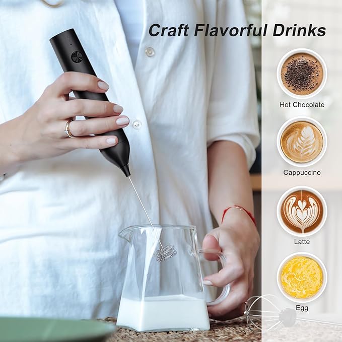 ELMWAY Rechargeable Milk Frother Handheld, 3-Speed Electric Whisk Frother Wand with Egg Whisk Attachment for Coffee, Matcha, Protein Powder, Latte & Cappuccino(Black without Stand)