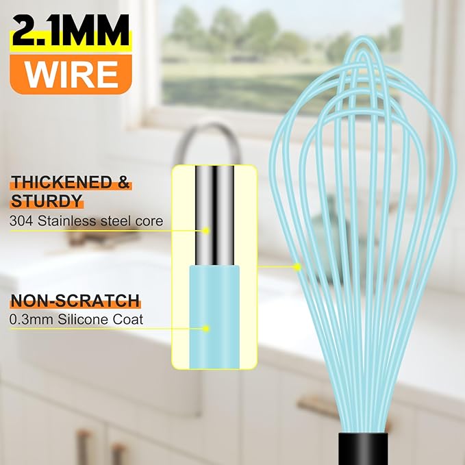 HOTEC 4 Pieces Silicone Whisks Set, Wire Balloon Whisks for cooking Egg Beater, Non-slip Handle Whisk for Non-stick Cookware Perfect for Cooking, Stirring, Beating and Blending,Blue
