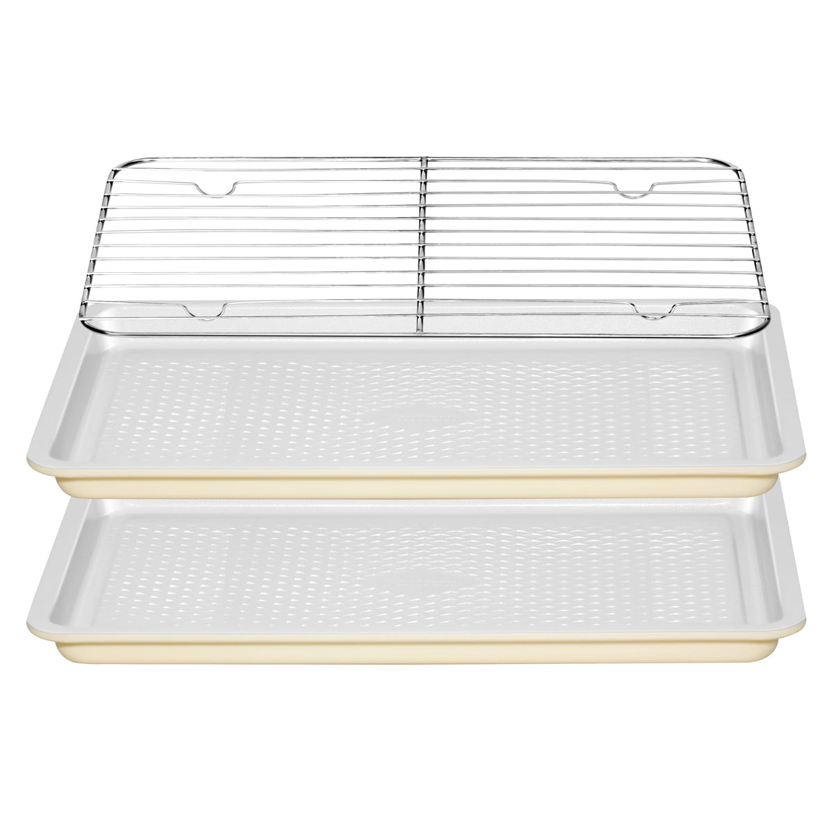 Ymiton Nonstick Ceramic Baking Sheet With Rack, 2-Pack 15x10 Jelly Roll Sheet Pan, Non-Toxic, PTFE & PFOA Free, Warp-Free, Oven Safe 550°F, Dishwasher Safe, Aluminized Steel, Gray Yellow