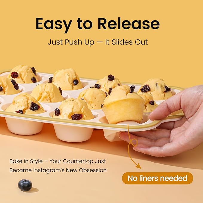 Fimary Silicone Muffin Pans for Baking 2 Pack, 2.6 Inch with Metal Reinforced Frame, Regular Size Nonstick Cupcake Pan 12 Cups for Baking Homemade Muffins, Dishwasher Safe BPA Free-Light Yellow