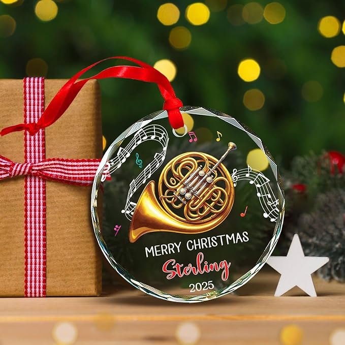 Musical Instrument Glass Ornament Christmas 2026, Personalized French Horn Player Xmas Ornaments, French Horn Glass Ornament Gifts for Musician, Custom Text & Name Instrument Lover Christmas Keepsake