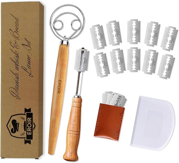 EROIR 13" Danish Dough Whisk Bread Lame Bowl Scraper Set - Dutch Sourdough Whisk Double Eye, Dough Scraper, Bread Scorer with 10 Blades and Leather Cover