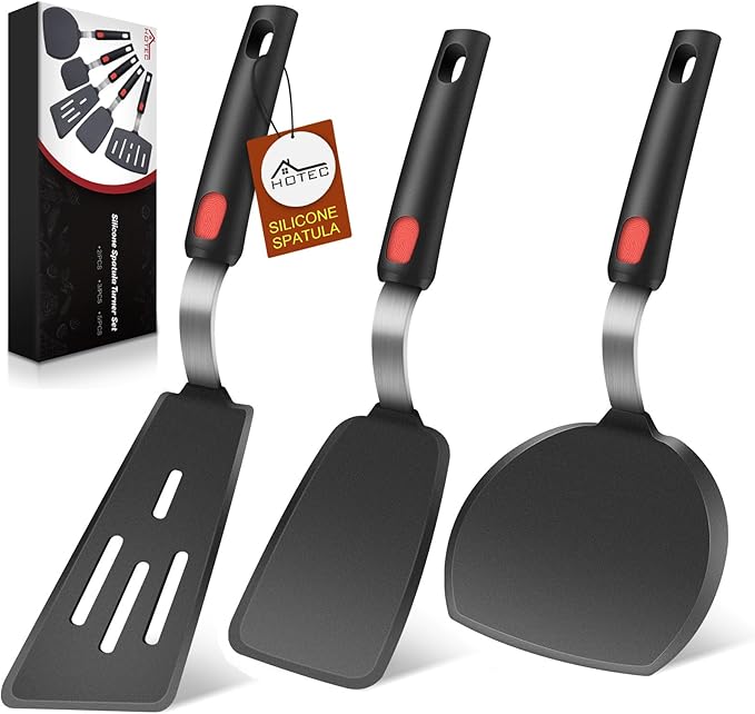 HOTEC Silicone Spatula Turner Set of 3, Heat Resistant 600°F & BPA-Free Flexible Rubber Spatulas for Nonstick Cookware, Kitchen Utensils for Flipping Eggs, Fish, Burgers, Pancakes, Cookie, Crepes