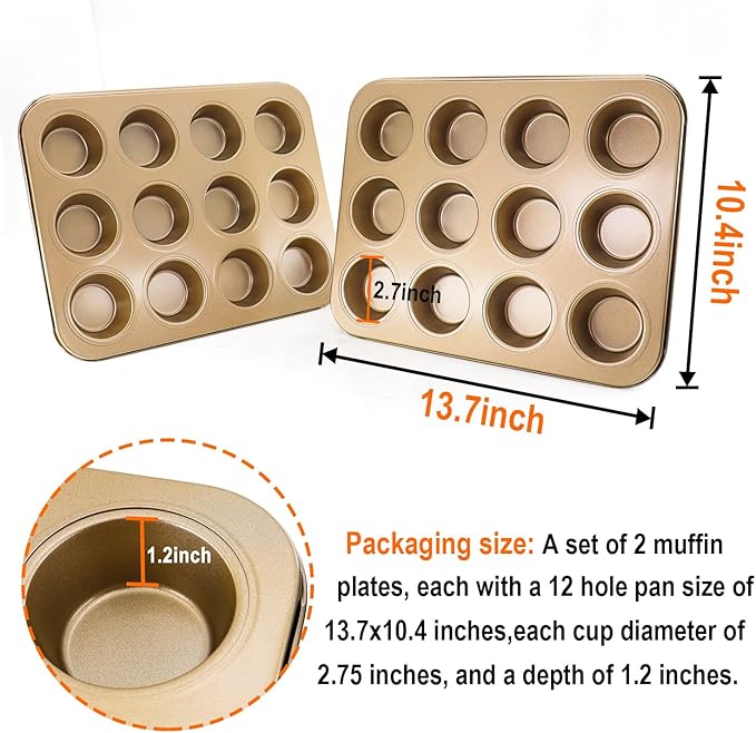 MARIWEI 2 Pack Premium Nonstick Bakeware 12-Cup, Mini Muffin Pan, Dishwasher Oven Safe(Golden, 12 Cup (2 pcs)