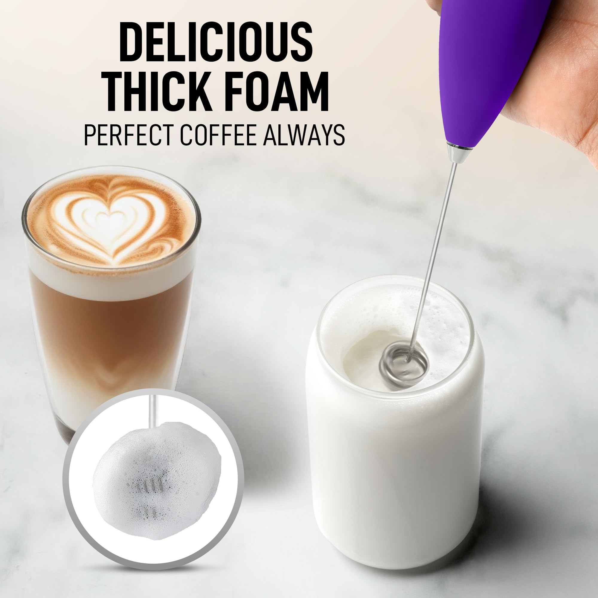 Zulay Kitchen Powerful Milk Frother Wand With Duracell Batteries - Ultra Fast Handheld Drink Mixer - Electric Whisk Foam Maker for Coffee, Lattes, Cappuccino & Matcha - Double Whisk - Purple