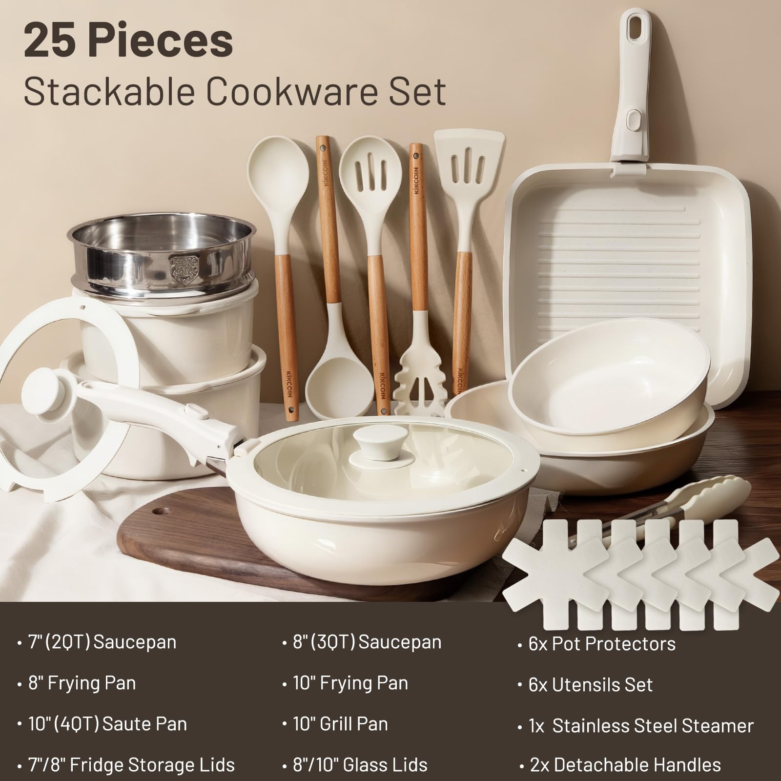 KIKCOIN Nonstick Pots and Pans Set - Ceramic Cookware Set with Detachable Handle - 25 Pack Healthy Pans Set for Cooking - Stackable for RV Kitchen, Induction Ready - Dishwasher and Oven Safe