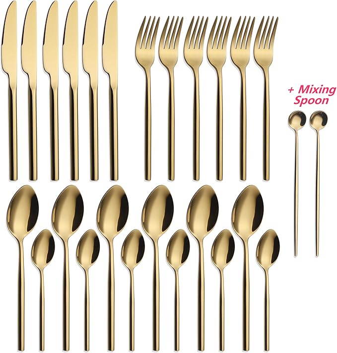 CHAAMFORGE 24 Piece Silverware Set For 6 Gold Heavy duty 18/10 Stainless Steel Flatware Set Modern Design Knife/Fork/Spoon Mirror Polished Dishwasher Safe Cutlery Set with Gifts