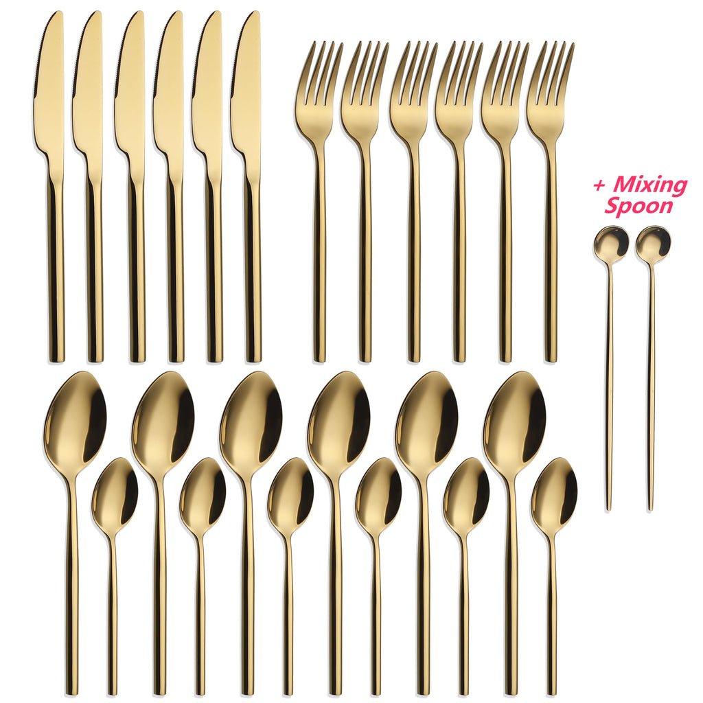 CHAAMFORGE 24 Piece Silverware Set For 6 Gold Heavy duty 18/10 Stainless Steel Flatware Set Modern Design Knife/Fork/Spoon Mirror Polished Dishwasher Safe Cutlery Set with Gifts
