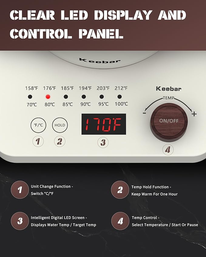 Keebar Gooseneck Electric Kettle, 0.8 L, 1000W, 6 Temp Presets, LED Display