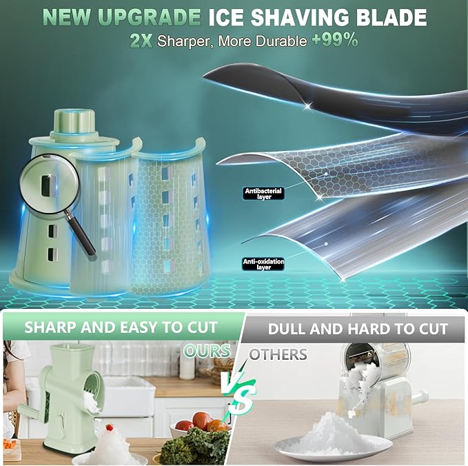 2025 Upgrade 6-In-1 Cheese Grater【 Military-Grade SUS304 Blade - 3S Fast Cut】【SGS Certification - German Nano Strong Suction Base】Cheese Grater Hand Crank Suitable for Home Use (Green)