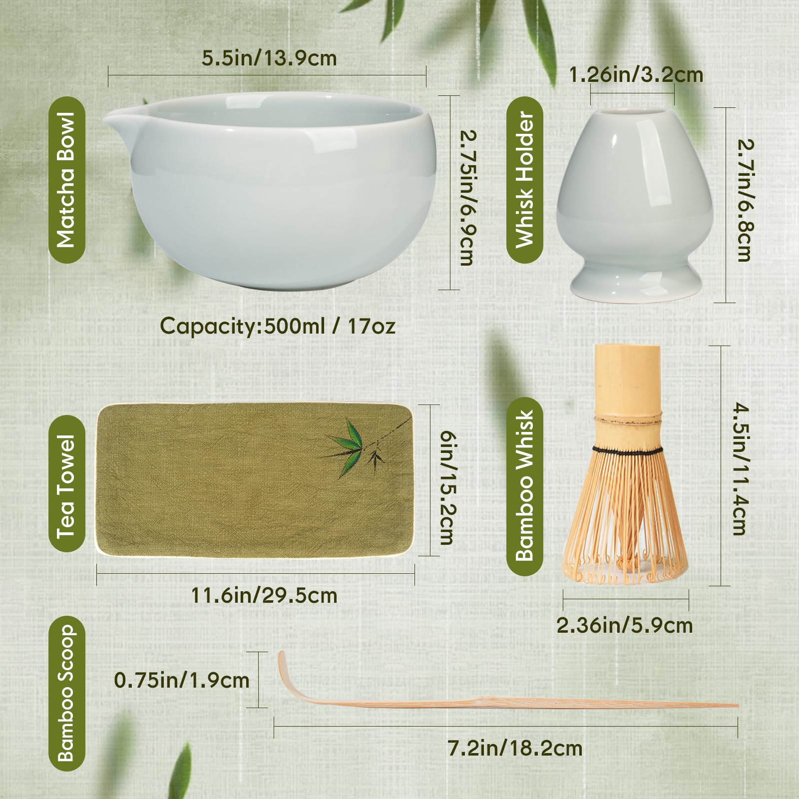 Matcha Whisk Set – Ceramic Matcha Set with Matcha Bowl, Matcha Whisk & Holder, Bamboo Scoop, Tea Towel – 5-Piece Japanese Matcha Kit for Matcha Lovers, Beginners & Gifting (Gray, 17oz)