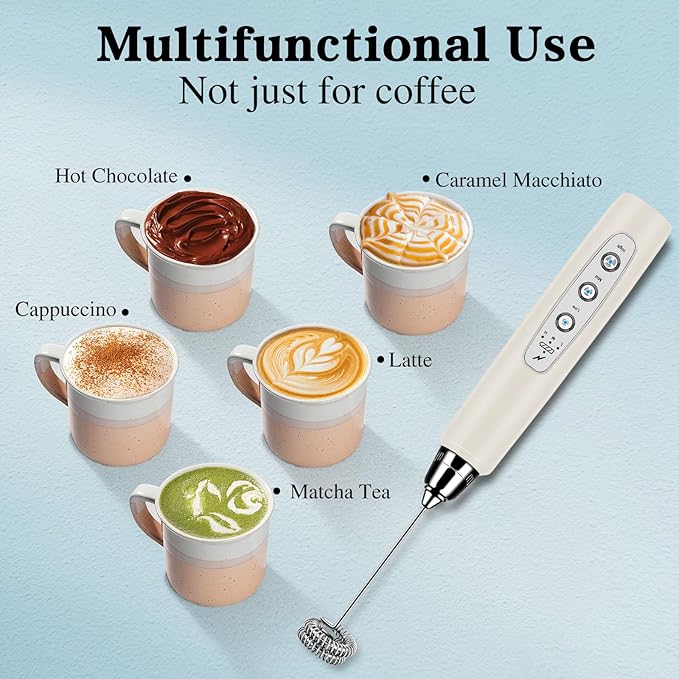 Milk Frother Wand Rechargeable Handheld Whisk Coffee 3 Speed Adjustable