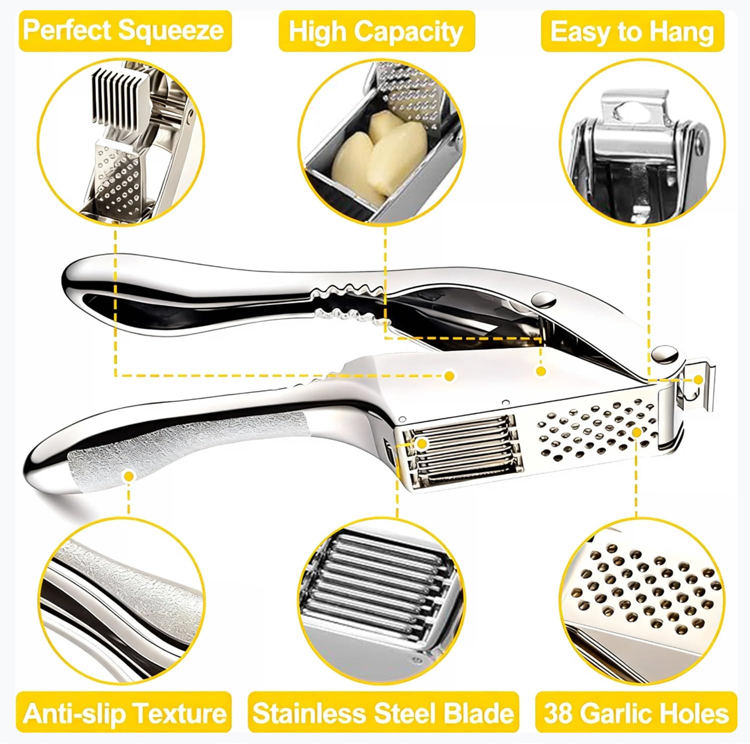Garlic Press and Slicer 2 in 1, Rust Proof & Dishwasher Safe Professional Garlic Mincer Tool, Effortlessly Crush and Mince Garlic with this Ergonomic Handle-Garlic Slicer & Brush ANCQMI(Pear white)