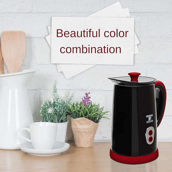 Moss & Stone Electric Milk Frother, Stainless Steel Milk Steamer & Milk Warmer, Automatic Shutoff, Non-Stick Interior, Cool Touch, 9.4 oz/6.0oz Capacity, Black Electric Frother for Hot Chocolate