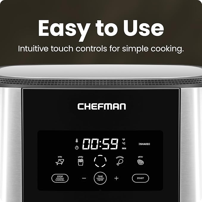 Chefman Air Fryer 8 Qt | TurboFry® 4-in-1 with 450°F Hi-Fry Option for Crispier Results | Bake, Dehydrate, Frozen | XL Nonstick Dishwasher-Safe Basket | Stainless Steel
