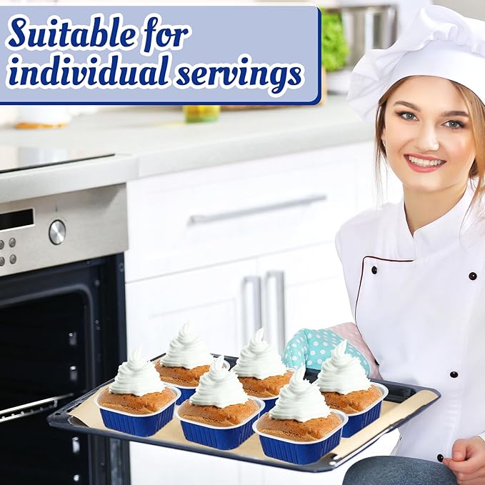 Aoriher 150 Pcs 10 oz Mini Cake Pans with Lids Aluminum Foil Baking Cup Disposable Square 4 x 4 Large Baking Tin, Muffin Pan Cheesecake Kitchen Brownie Pudding Desserts Holder(Sapphire Blue)