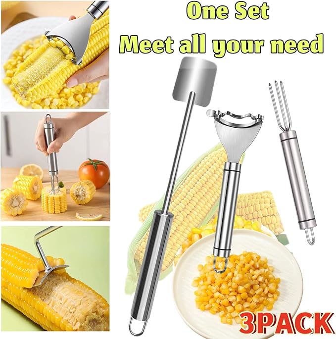 3 Pcs Upgraded Stainless Steel Corn Kitchen Tool set Corn Corn Peeler, Corn Stripper and Corn Holder, Kernel Remover Tool for Home & Outdoor Dining