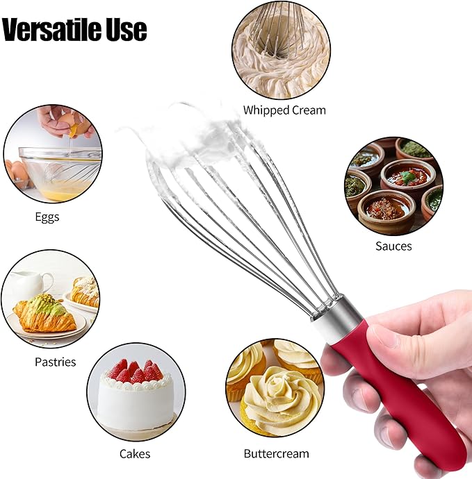 Doosu 18/8 Stainless Steel Balloon Whisk for Cooking (6 Wires, Red)