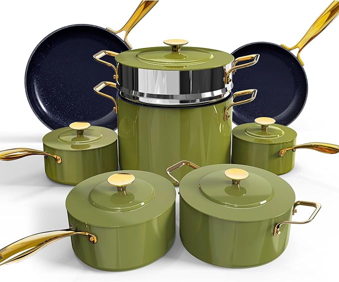 Nuwave Lux LE 13Pc Ceramic Cookware Set with Elegant Gold Handle, PFAS Free