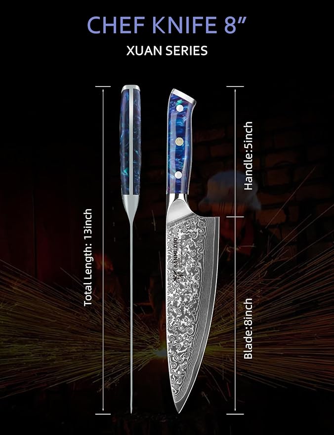 SANMUZUO Chef Knife - 8 inch - Xuan Series - VG10 Damascus Steel Kitchen Knife - Resin Handle (Sapphire Blue)