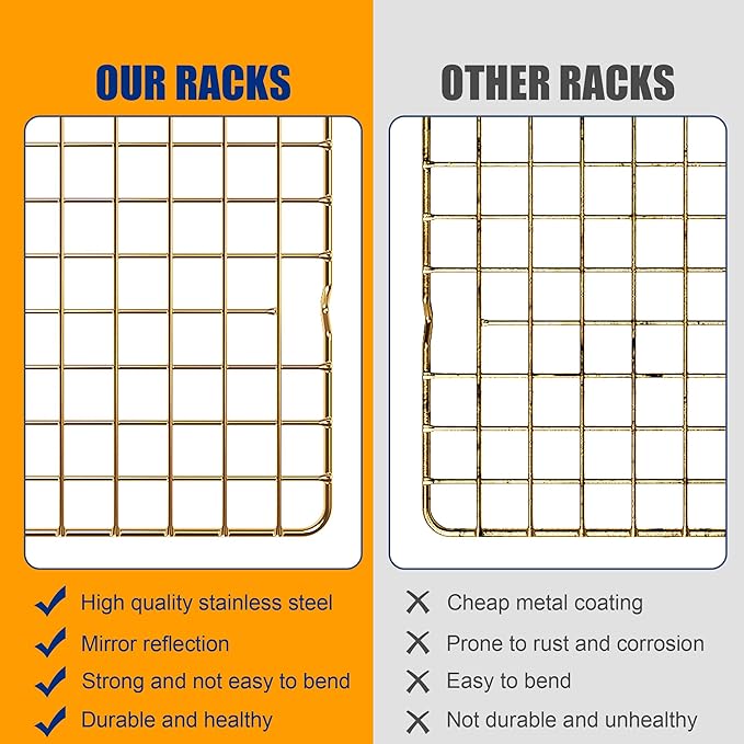 2-Pack Cooling Racks for Cooking and Baking - 10" x 15"Heavy Duty Stainless Steel Wire Rack for Baking, Grilling, Roasting - Oven & Dishwasher Safe - Fits Jelly Roll Sheet Pan（Gold）