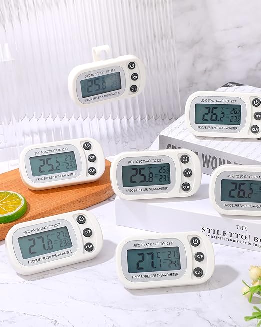 Frienda 16 Pcs White Digital Fridge Thermometer Waterproof Refrigerator and Freezer Max/min Record Function LCD Screen Refrigerator Thermometer with Hook and Magnetic Back for Home (Button)
