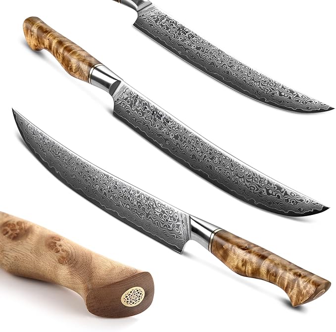HEZHEN 10-Inch Slicing Knife with Granton Edge –67 Layers Damascus Steel, Professional Carving Knife for Brisket, Roast & BBQ, Figured Sycamore Handle