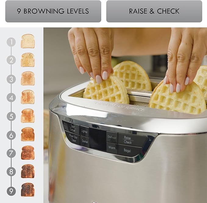 Kenmore Elite 4-Slice Long Slot Toaster Silver, One-Touch Auto-Lift, Stainless Steel, Adjustable Browning, Defrost, Digital Countdown Timer, Retractable Cord, Toast, Bagels, Waffles, English Muffins