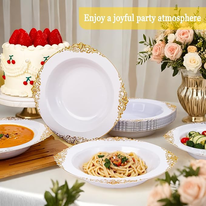 Joyido 100PCS Gold Plastic Bowls - 12 oz White Disposable Salad Bowls - Heavy Duty Soup Serving Bowl - Fancy Plastic Ice Cream Bowl for Parties, Dinners, Catering, Picnics