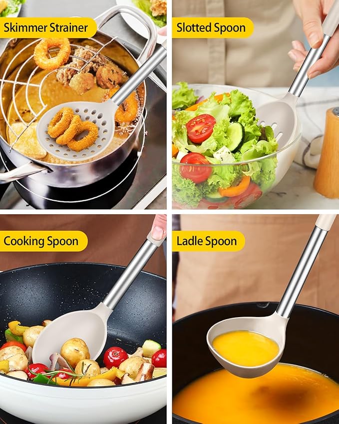 Silicone Cooking Utensils Set, 8 Pcs Kitchen Utensils with Holder, Khaki