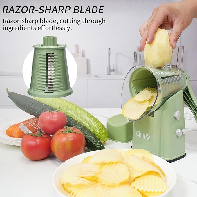 ChinKc Upgrade Rotary Cheese Grater Shredder with Handle, Strong Suction Base, Multi-purpose Rotary Grater Slicer with 5 Interchangeable Blades for Ice, Vegetables, Fruit, Nuts with Blade Storage Box