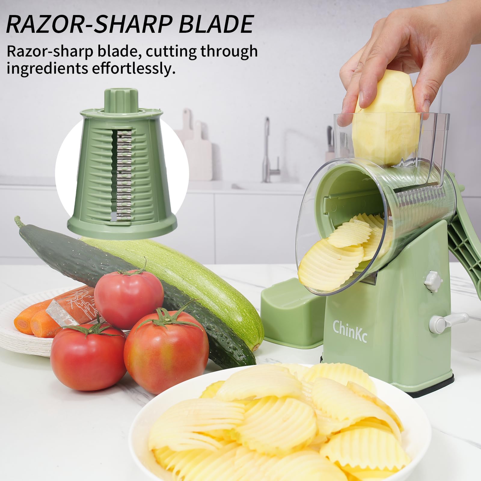 ChinKc Upgrade Rotary Cheese Grater Shredder with Handle, Strong Suction Base, Multi-purpose Rotary Grater Slicer with 5 Interchangeable Blades for Ice, Vegetables, Fruit, Nuts with Blade Storage Box