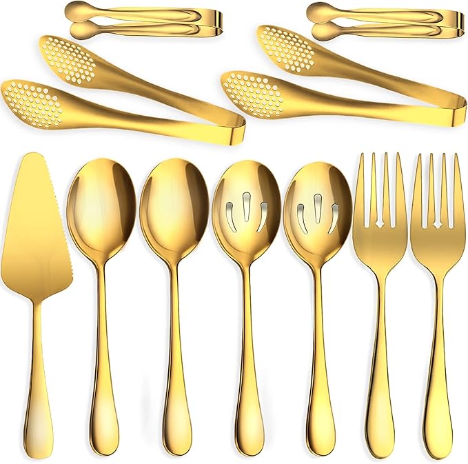 IAXSEE 11 PCS Serving Utensils, Large Stainless Steel Spoons Forks Tongs, Pie Server, Great for Hostess Buffet Catering Banquet Party, Gold