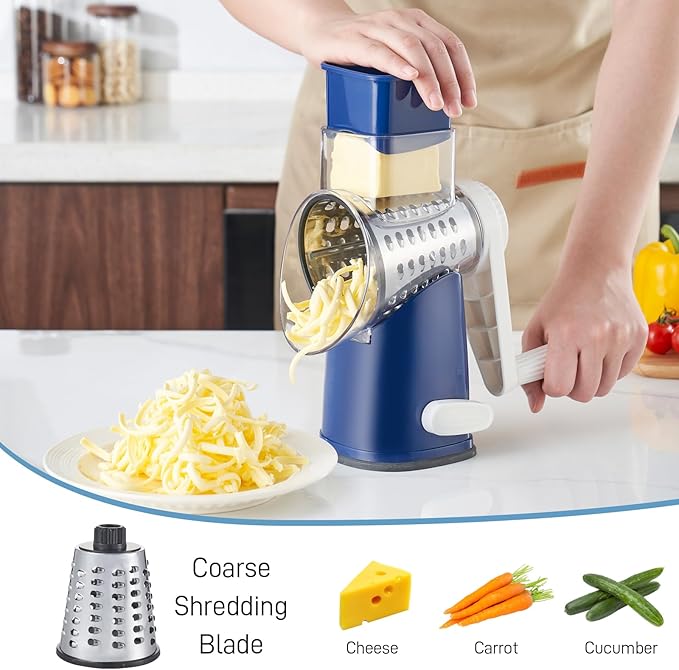 VEKAYA Rotary Cheese Grater Hand Crank, 4 blades Cheese Shredder (Blue)
