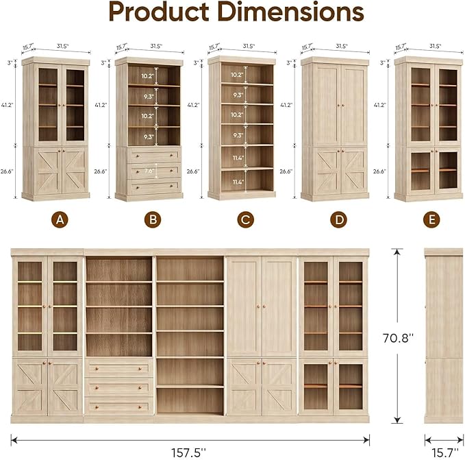 70.8" Tall Farmhouse Bookshelf, Modular Bookcase with Glass Doors, 6-Tier Adjustable Shelves, Large Storage Cabinet for Kitchen, Living Room, Brown, Set of 2